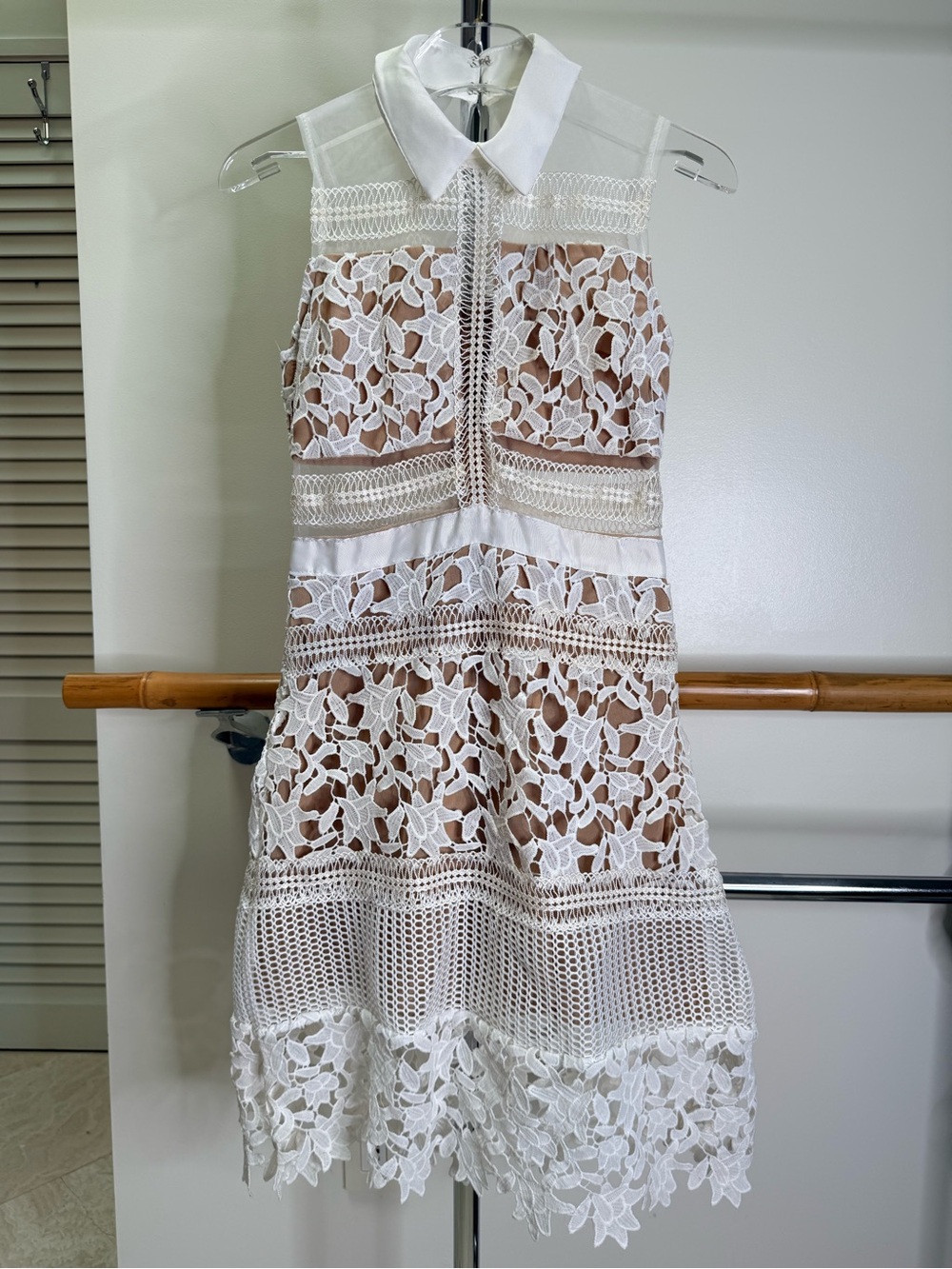 White Floral Lace Nude Illusion Collared Midi Dress S